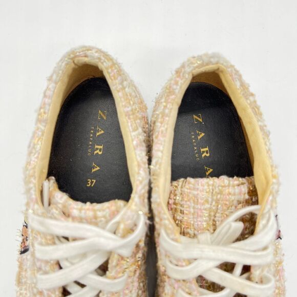 Zara Sequin Banana Patch textured TweedTan White Bronze Sneakers Size 37 - Picture 7 of 12
